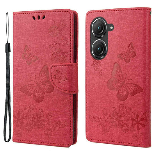 For Asus Zenfone 9 5G Magnetic Clasp PU Leather Phone Case Big Butterflies Flower Pattern Imprinting Anti-scratch Phone Cover Wallet Stand with Strap - Red