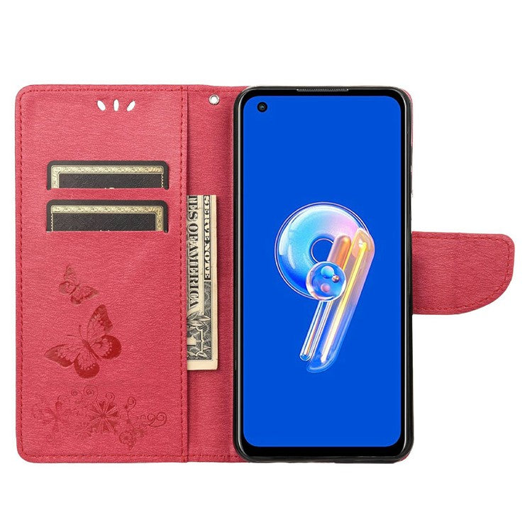 For Asus Zenfone 9 5G Magnetic Clasp PU Leather Phone Case Big Butterflies Flower Pattern Imprinting Anti-scratch Phone Cover Wallet Stand with Strap - Red