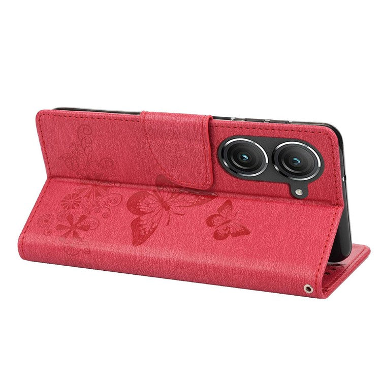 For Asus Zenfone 9 5G Magnetic Clasp PU Leather Phone Case Big Butterflies Flower Pattern Imprinting Anti-scratch Phone Cover Wallet Stand with Strap - Red