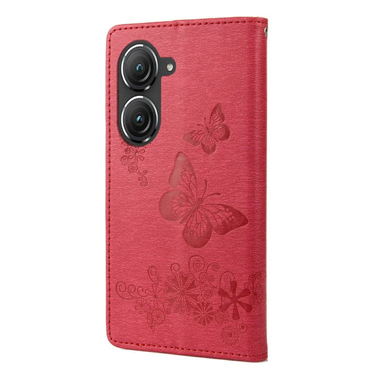 For Asus Zenfone 9 5G Magnetic Clasp PU Leather Phone Case Big Butterflies Flower Pattern Imprinting Anti-scratch Phone Cover Wallet Stand with Strap - Red