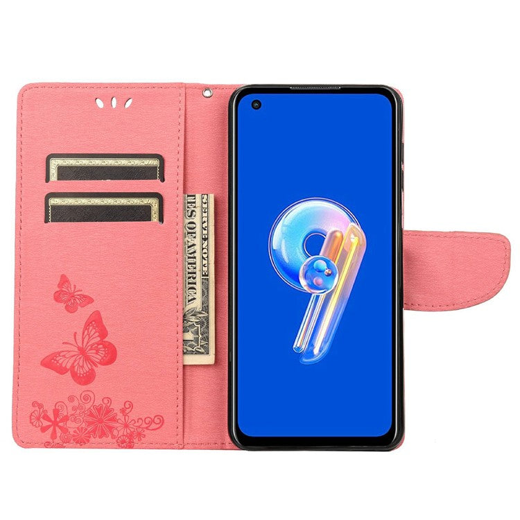 For Asus Zenfone 9 5G Magnetic Clasp PU Leather Phone Case Big Butterflies Flower Pattern Imprinting Anti-scratch Phone Cover Wallet Stand with Strap - Pink