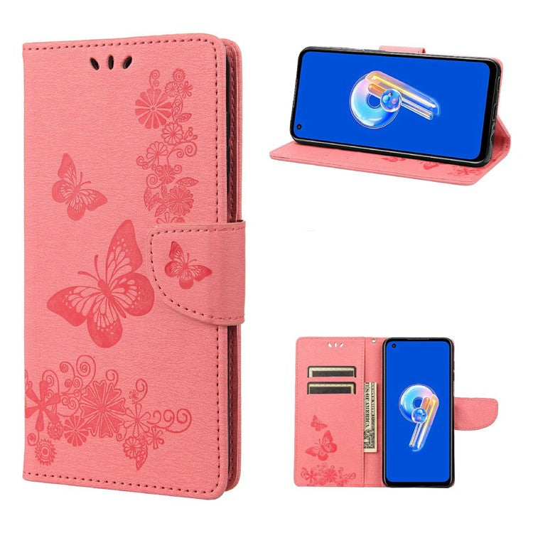 For Asus Zenfone 9 5G Magnetic Clasp PU Leather Phone Case Big Butterflies Flower Pattern Imprinting Anti-scratch Phone Cover Wallet Stand with Strap - Pink