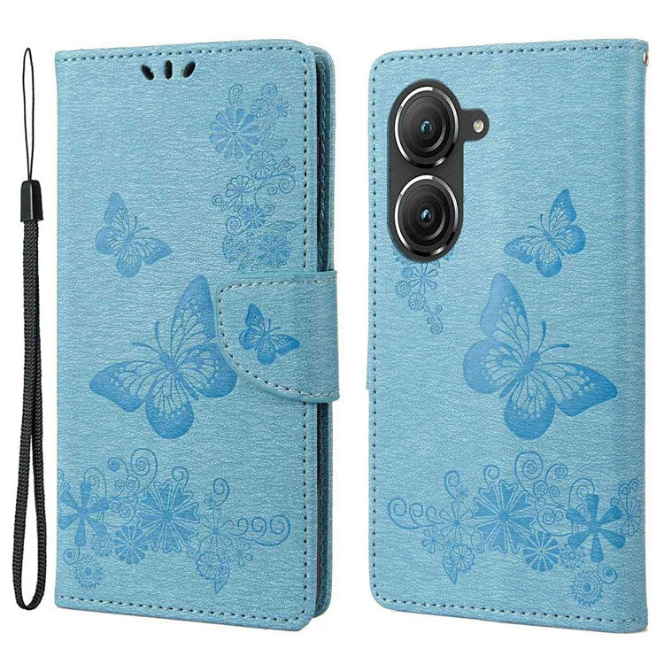 For Asus Zenfone 9 5G Magnetic Clasp PU Leather Phone Case Big Butterflies Flower Pattern Imprinting Anti-scratch Phone Cover Wallet Stand with Strap - Blue