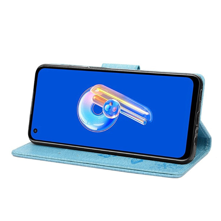 For Asus Zenfone 9 5G Magnetic Clasp PU Leather Phone Case Big Butterflies Flower Pattern Imprinting Anti-scratch Phone Cover Wallet Stand with Strap - Blue