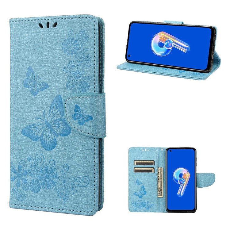 For Asus Zenfone 9 5G Magnetic Clasp PU Leather Phone Case Big Butterflies Flower Pattern Imprinting Anti-scratch Phone Cover Wallet Stand with Strap - Blue