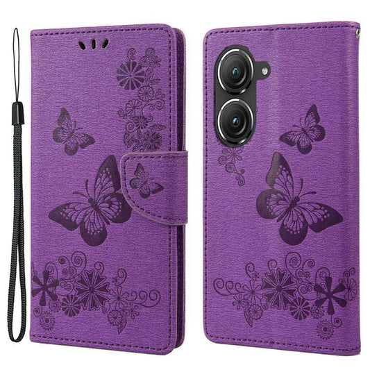 For Asus Zenfone 9 5G Magnetic Clasp PU Leather Phone Case Big Butterflies Flower Pattern Imprinting Anti-scratch Phone Cover Wallet Stand with Strap - Purple