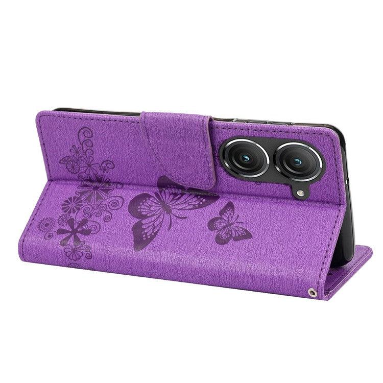 For Asus Zenfone 9 5G Magnetic Clasp PU Leather Phone Case Big Butterflies Flower Pattern Imprinting Anti-scratch Phone Cover Wallet Stand with Strap - Purple