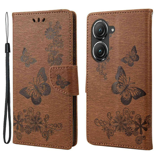 For Asus Zenfone 9 5G Magnetic Clasp PU Leather Phone Case Big Butterflies Flower Pattern Imprinting Anti-scratch Phone Cover Wallet Stand with Strap - Brown
