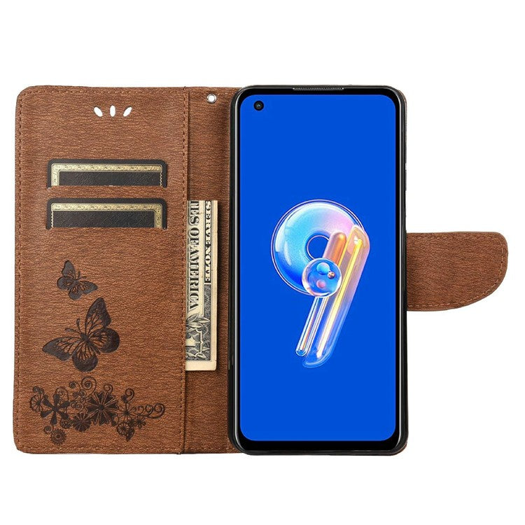For Asus Zenfone 9 5G Magnetic Clasp PU Leather Phone Case Big Butterflies Flower Pattern Imprinting Anti-scratch Phone Cover Wallet Stand with Strap - Brown