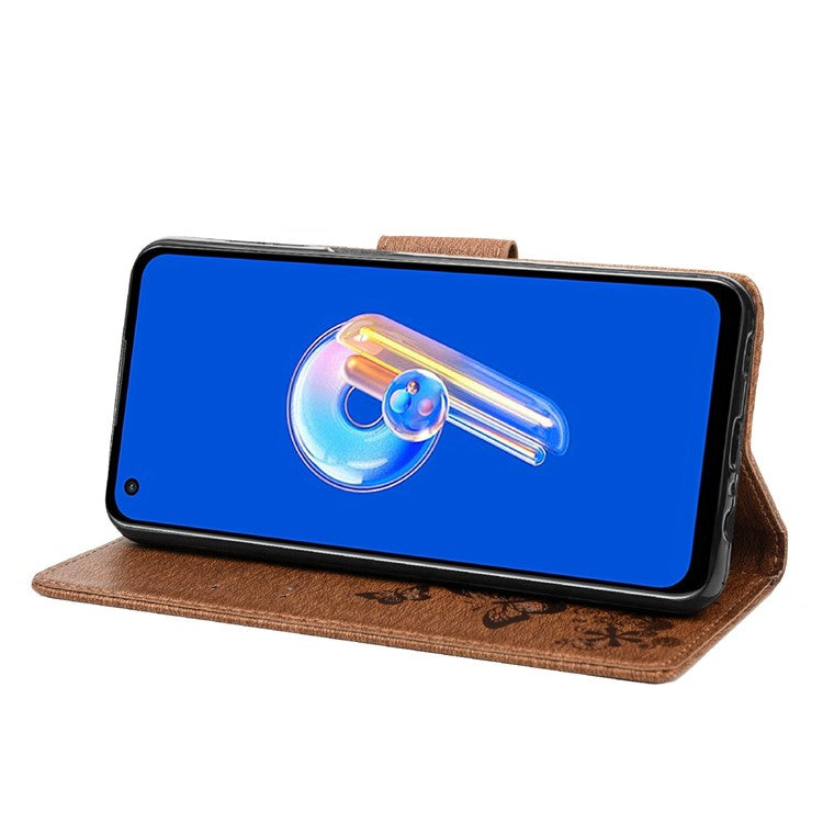 For Asus Zenfone 9 5G Magnetic Clasp PU Leather Phone Case Big Butterflies Flower Pattern Imprinting Anti-scratch Phone Cover Wallet Stand with Strap - Brown