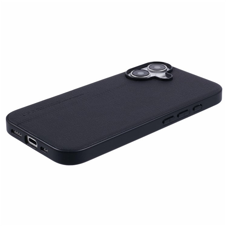 KIGC For iPhone 16 Case Litchi Texture Leather Coated PC+TPU Phone Cover - Black