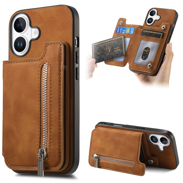 For iPhone 16 Plus Case Magnetic Detachable Zipper Card Holder Leather+TPU Phone Cover - Brown