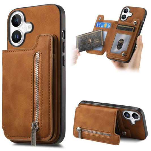 For iPhone 16 Plus Case Magnetic Detachable Zipper Card Holder Leather+TPU Phone Cover - Brown