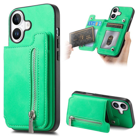 For iPhone 16 Case Magnetic Detachable Zipper Card Holder Leather+TPU Phone Cover - Green