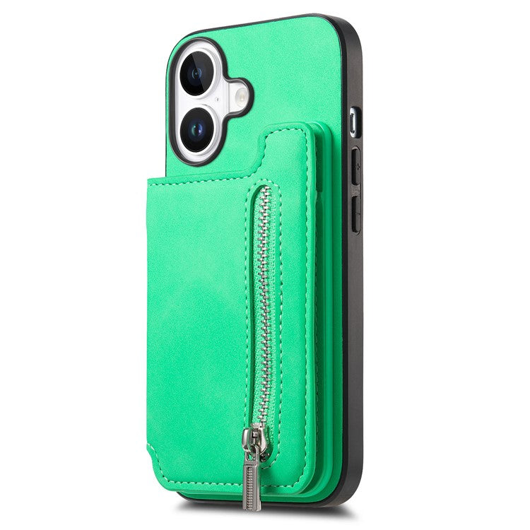 For iPhone 16 Case Magnetic Detachable Zipper Card Holder Leather+TPU Phone Cover - Green