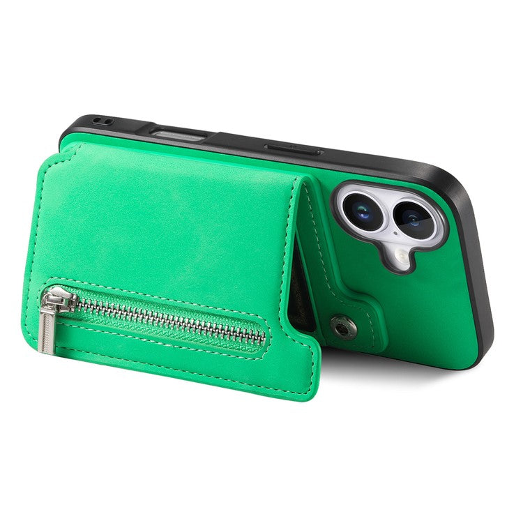 For iPhone 16 Case Magnetic Detachable Zipper Card Holder Leather+TPU Phone Cover - Green