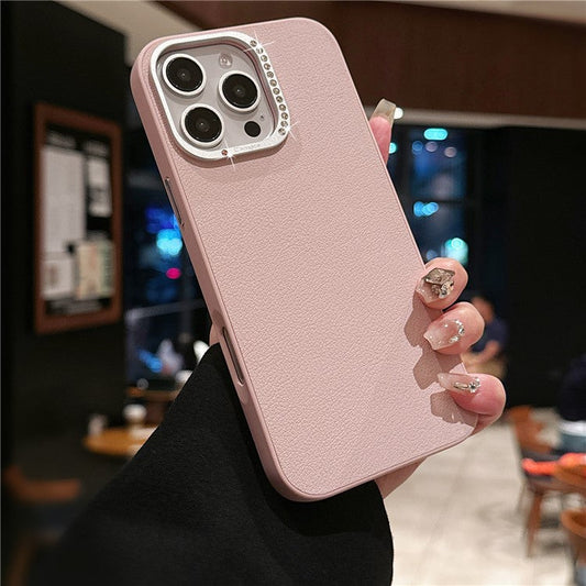 For iPhone 16 Pro Case Rhinestone Decor Lens Frame Leather+PC Phone Cover - Pink