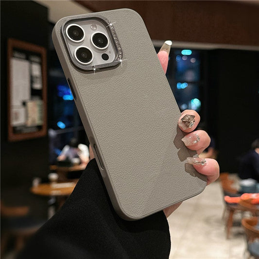 For iPhone 16 Pro Case Rhinestone Decor Lens Frame Leather+PC Phone Cover - Grey