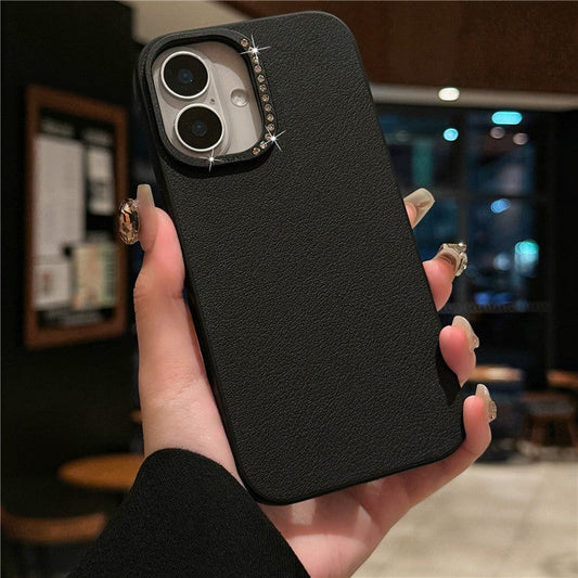 For iPhone 16 Case Rhinestone Decor Lens Frame Leather+PC Phone Cover - Black