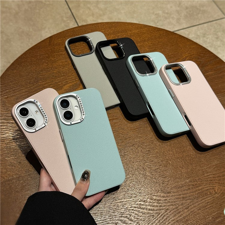 For iPhone 16 Case Rhinestone Decor Lens Frame Leather+PC Phone Cover - Black