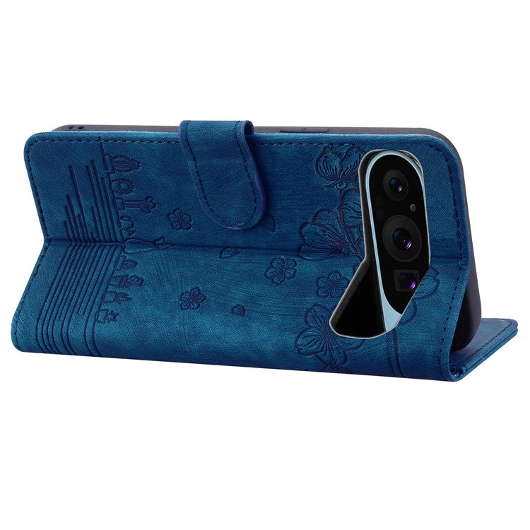 For Google Pixel 9 / Pixel 9 Pro Case Flip Stand Leather Phone Cover Cherry Blossom Cat Imprinted - Blue
