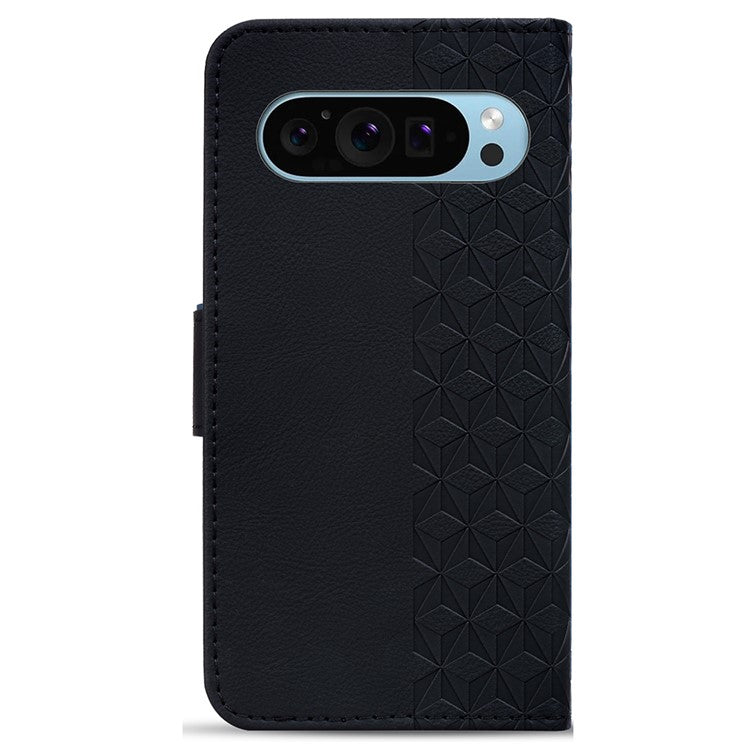 For Google Pixel 9 / Pixel 9 Pro Case Rhombus Pattern Leather Wallet Phone Cover - Black