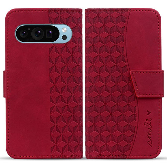 For Google Pixel 9 / Pixel 9 Pro Case Rhombus Pattern Leather Wallet Phone Cover - Red