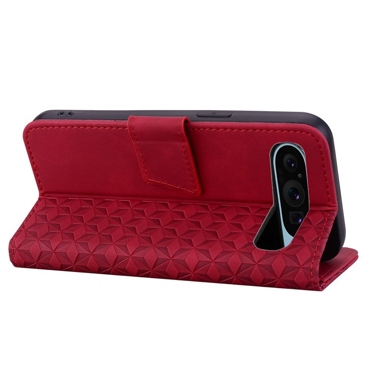 For Google Pixel 9 / Pixel 9 Pro Case Rhombus Pattern Leather Wallet Phone Cover - Red