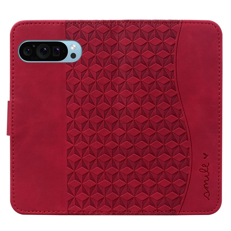 For Google Pixel 9 / Pixel 9 Pro Case Rhombus Pattern Leather Wallet Phone Cover - Red