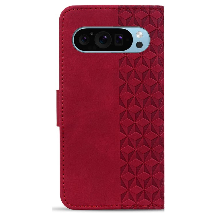 For Google Pixel 9 / Pixel 9 Pro Case Rhombus Pattern Leather Wallet Phone Cover - Red