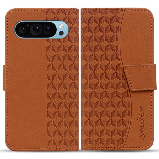 For Google Pixel 9 / Pixel 9 Pro Case Rhombus Pattern Leather Wallet Phone Cover - Brown