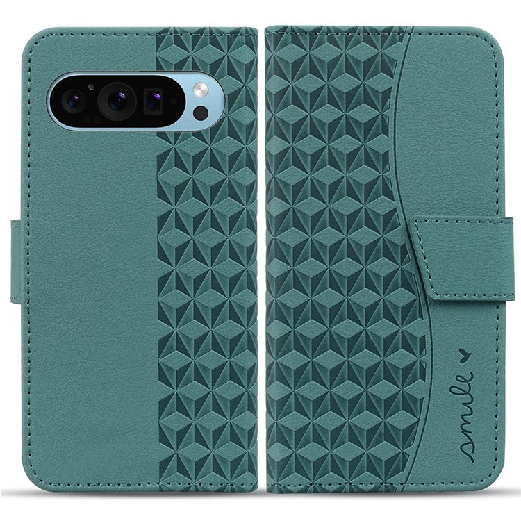 For Google Pixel 9 / Pixel 9 Pro Case Rhombus Pattern Leather Wallet Phone Cover - Green