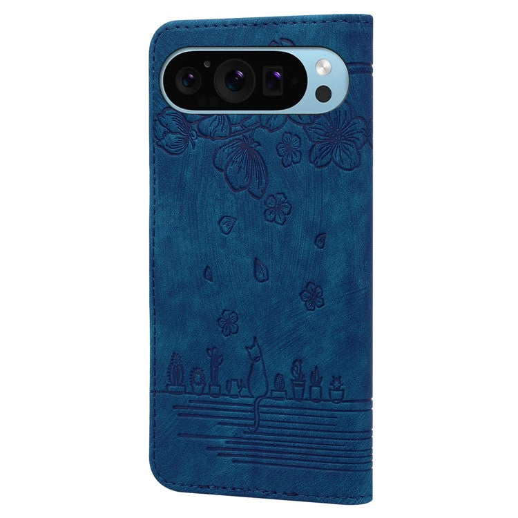For Google Pixel 9 Pro XL Case Flip Stand Leather Phone Cover Cherry Blossom Cat Imprinted - Blue