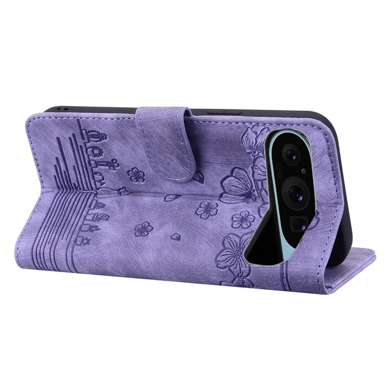 For Google Pixel 9 Pro XL Case Flip Stand Leather Phone Cover Cherry Blossom Cat Imprinted - Purple