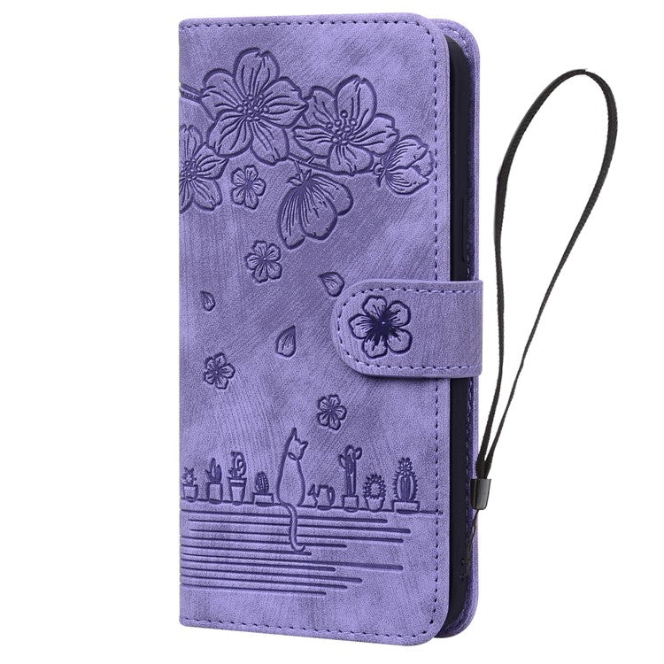 For Google Pixel 9 Pro XL Case Flip Stand Leather Phone Cover Cherry Blossom Cat Imprinted - Purple