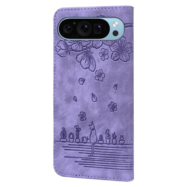 For Google Pixel 9 Pro XL Case Flip Stand Leather Phone Cover Cherry Blossom Cat Imprinted - Purple