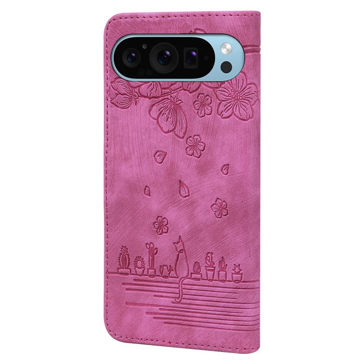 For Google Pixel 9 Pro XL Case Flip Stand Leather Phone Cover Cherry Blossom Cat Imprinted - Rose