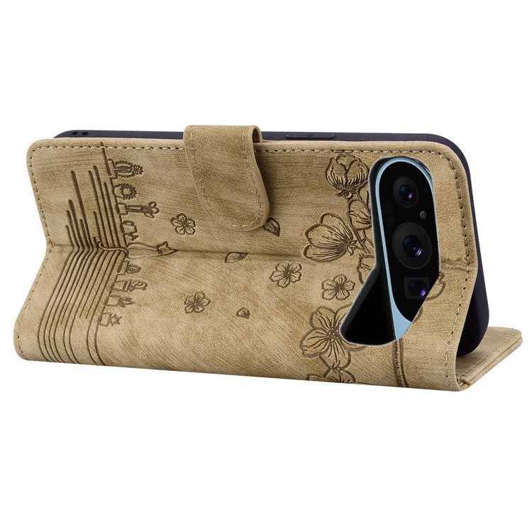 For Google Pixel 9 Pro XL Case Flip Stand Leather Phone Cover Cherry Blossom Cat Imprinted - Brown