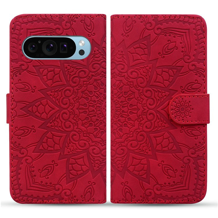 For Google Pixel 9 / Pixel 9 Pro Case PU Leather Wallet Flip Phone Cover Flower Imprinted - Red