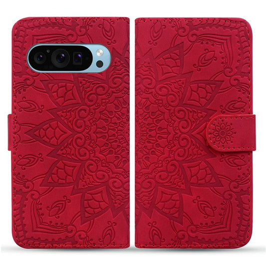For Google Pixel 9 / Pixel 9 Pro Case PU Leather Wallet Flip Phone Cover Flower Imprinted - Red