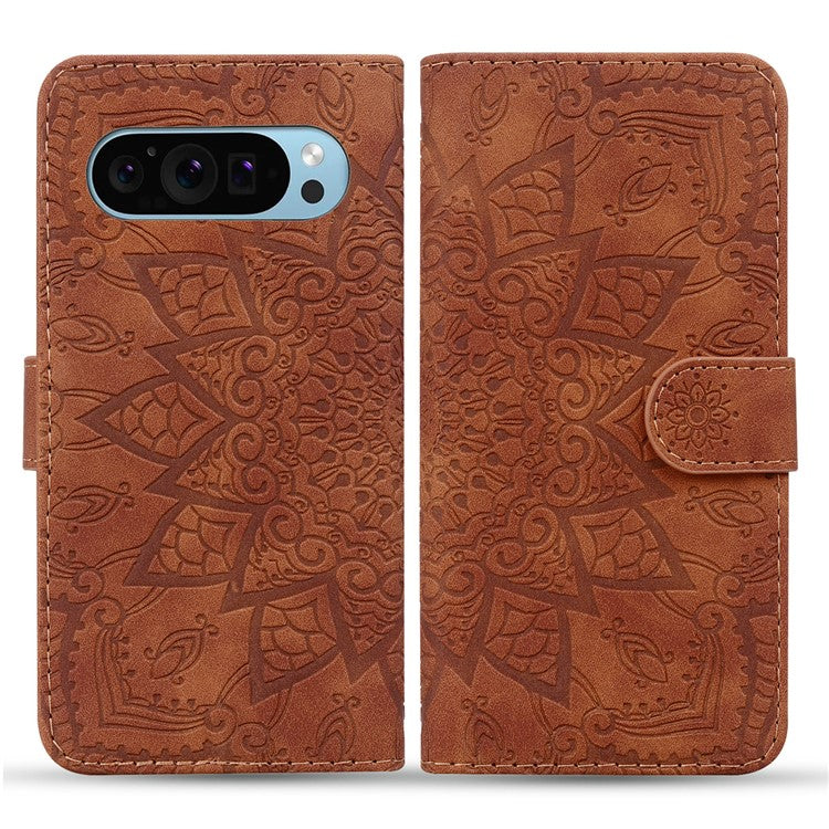For Google Pixel 9 Pro XL Case PU Leather Wallet Flip Phone Cover Flower Imprinted - Brown
