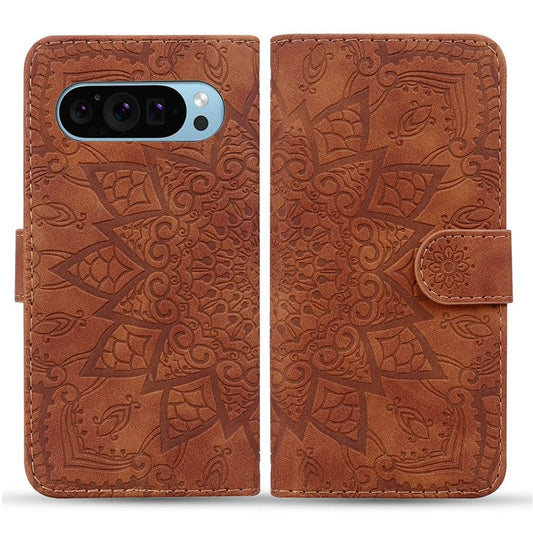 For Google Pixel 9 Pro XL Case PU Leather Wallet Flip Phone Cover Flower Imprinted - Brown
