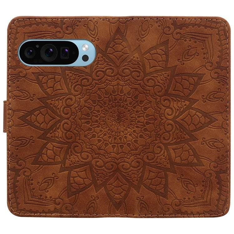 For Google Pixel 9 Pro XL Case PU Leather Wallet Flip Phone Cover Flower Imprinted - Brown