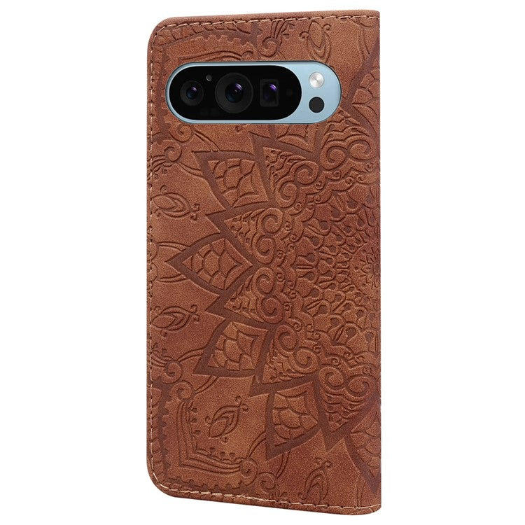 For Google Pixel 9 Pro XL Case PU Leather Wallet Flip Phone Cover Flower Imprinted - Brown