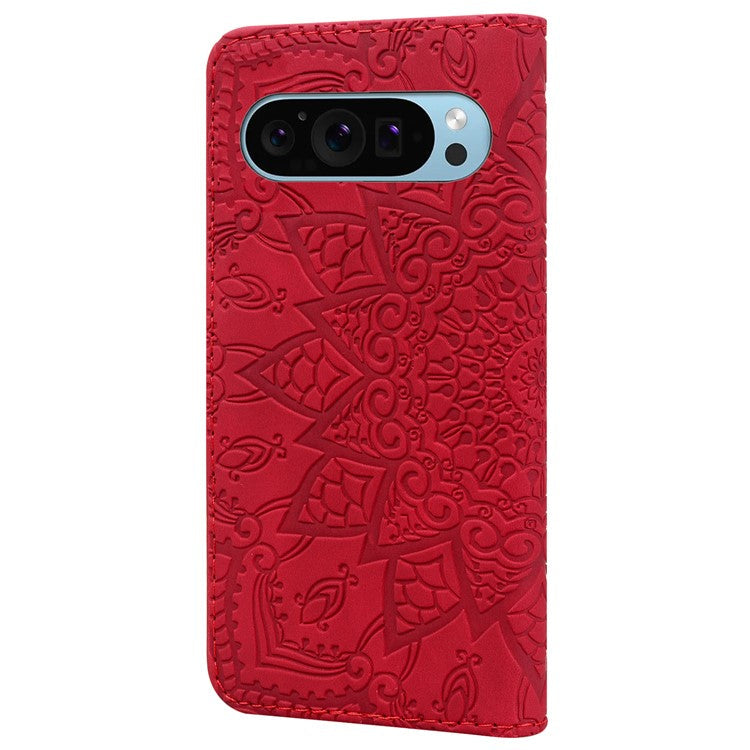 For Google Pixel 9 Pro XL Case PU Leather Wallet Flip Phone Cover Flower Imprinted - Red