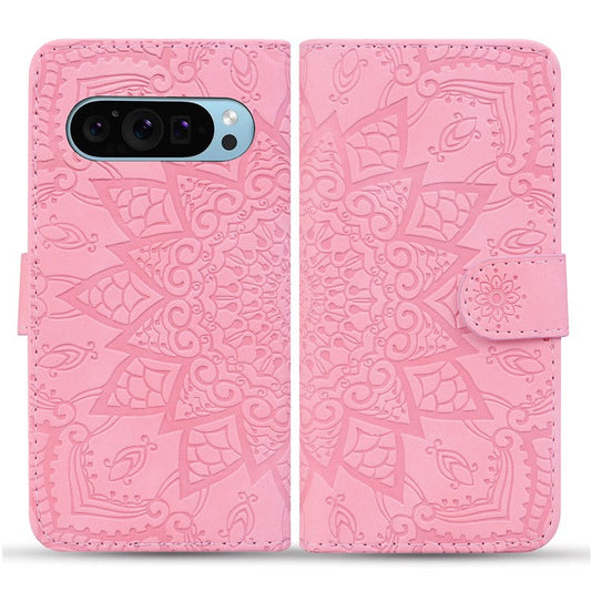 For Google Pixel 9 Pro XL Case PU Leather Wallet Flip Phone Cover Flower Imprinted - Pink