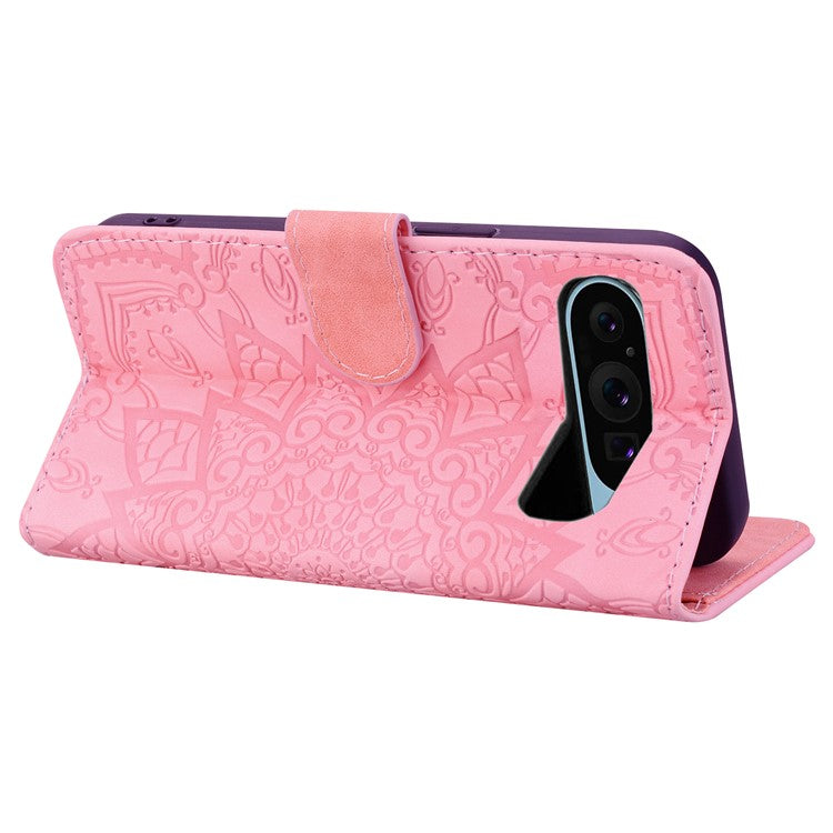 For Google Pixel 9 Pro XL Case PU Leather Wallet Flip Phone Cover Flower Imprinted - Pink