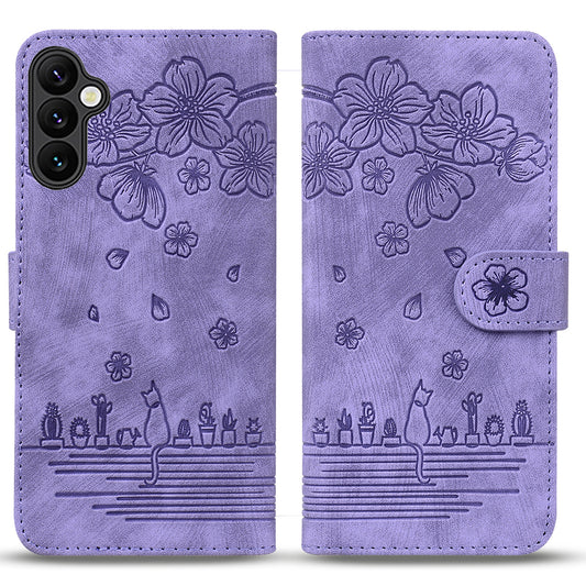 For Samsung Galaxy A16 5G / A16 4G Case Flip Stand Leather Phone Cover Cherry Blossom Cat Imprinted - Purple