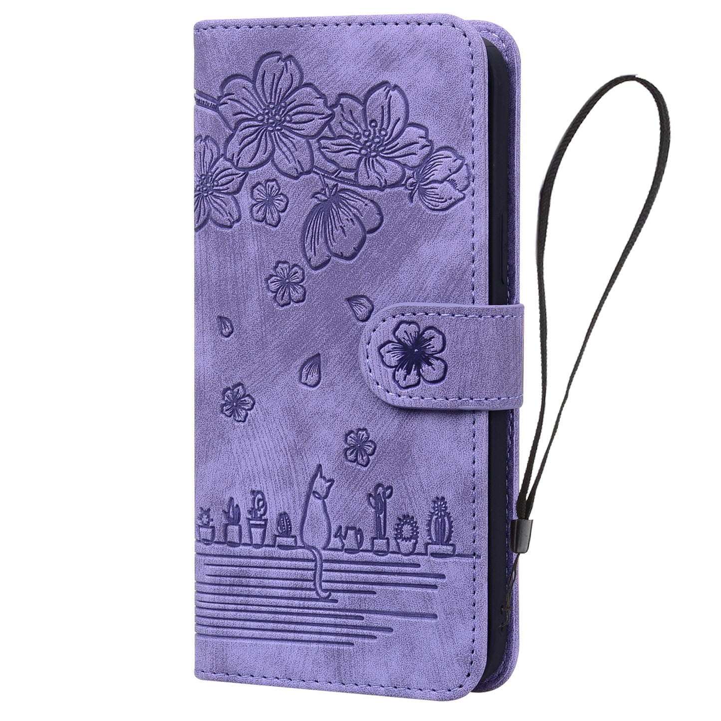 For Samsung Galaxy A16 5G / A16 4G Case Flip Stand Leather Phone Cover Cherry Blossom Cat Imprinted - Purple
