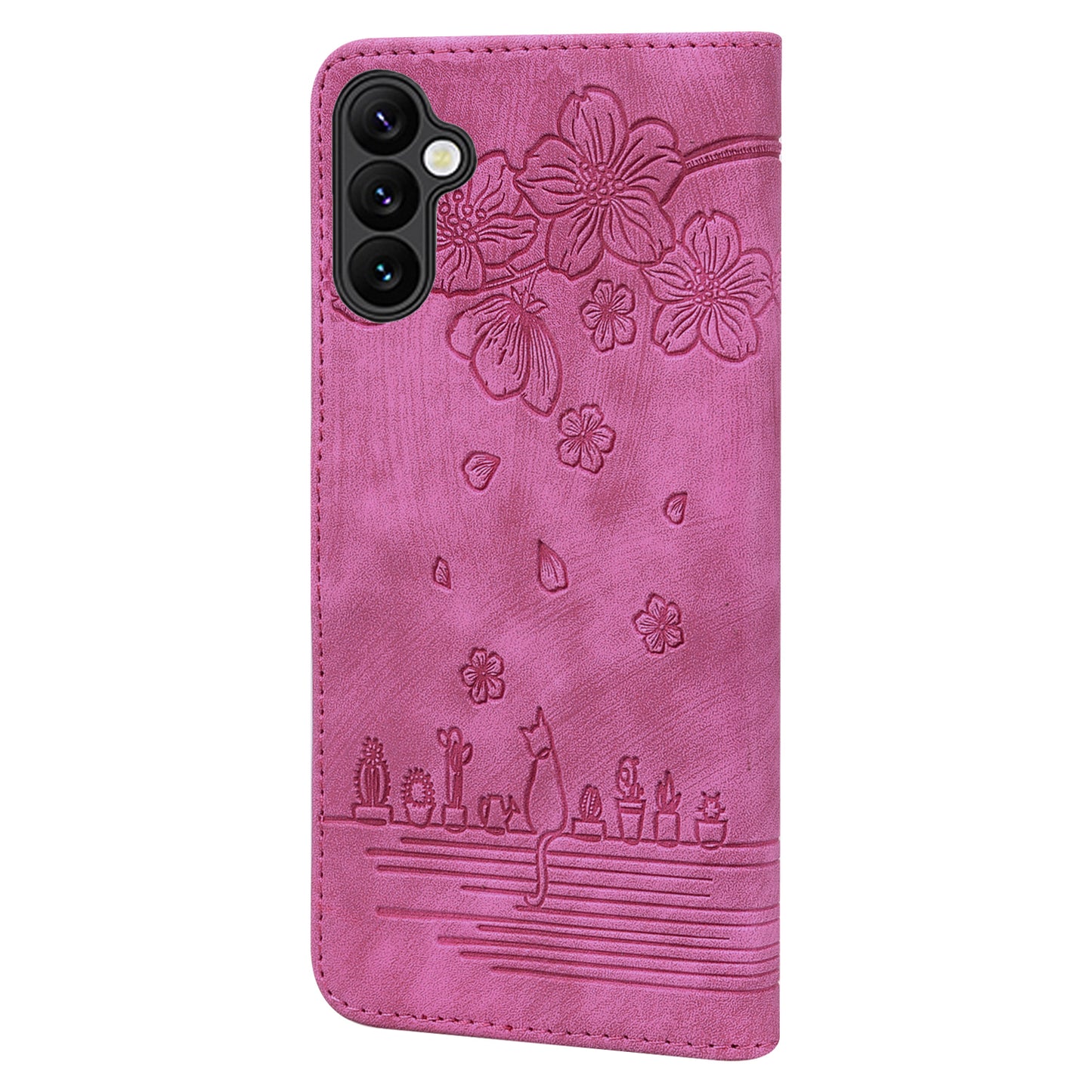 For Samsung Galaxy A16 5G / A16 4G Case Flip Stand Leather Phone Cover Cherry Blossom Cat Imprinted - Rose